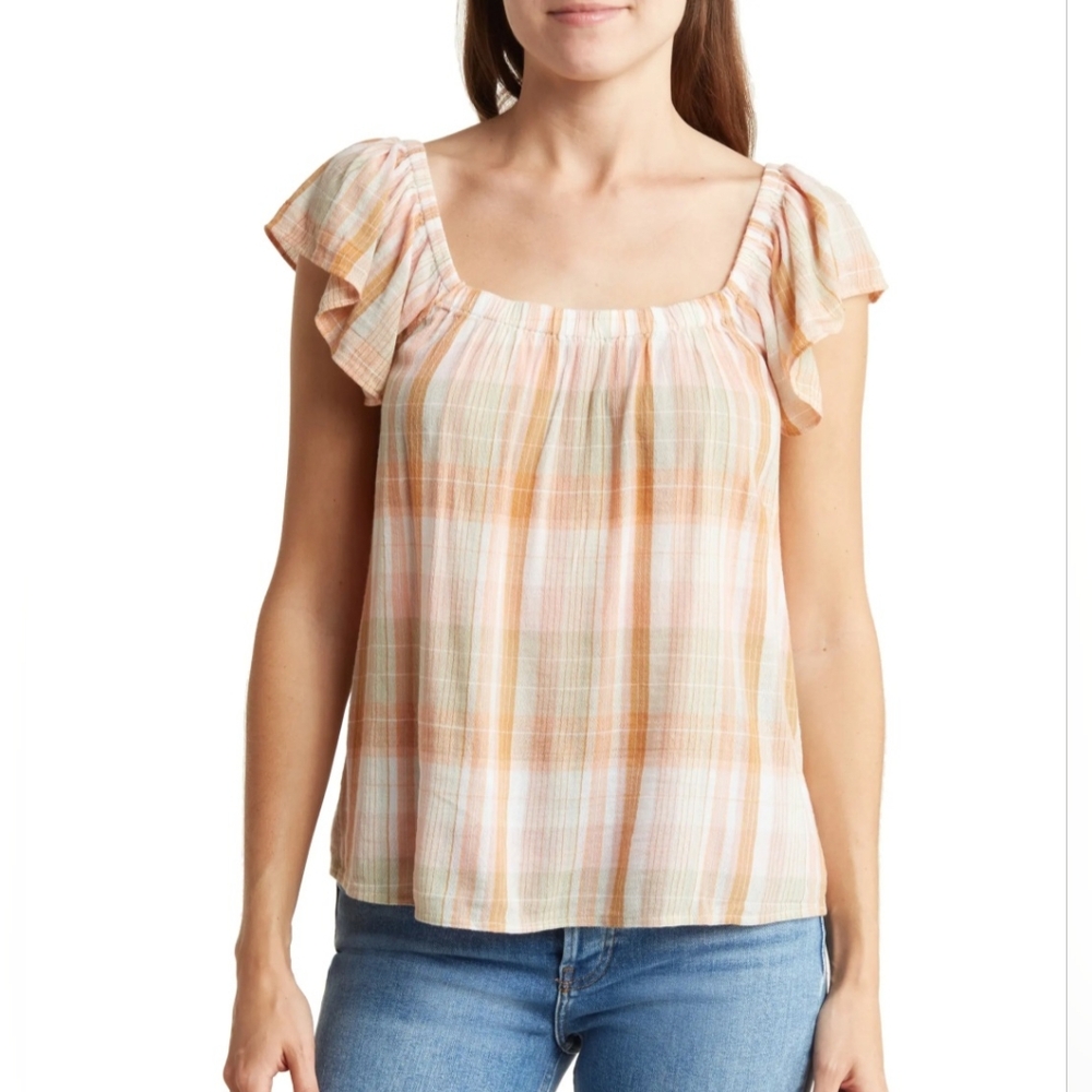 Lucky Brand Emily Plaid Flutter Sleeve Shirt - SMALL **NEW